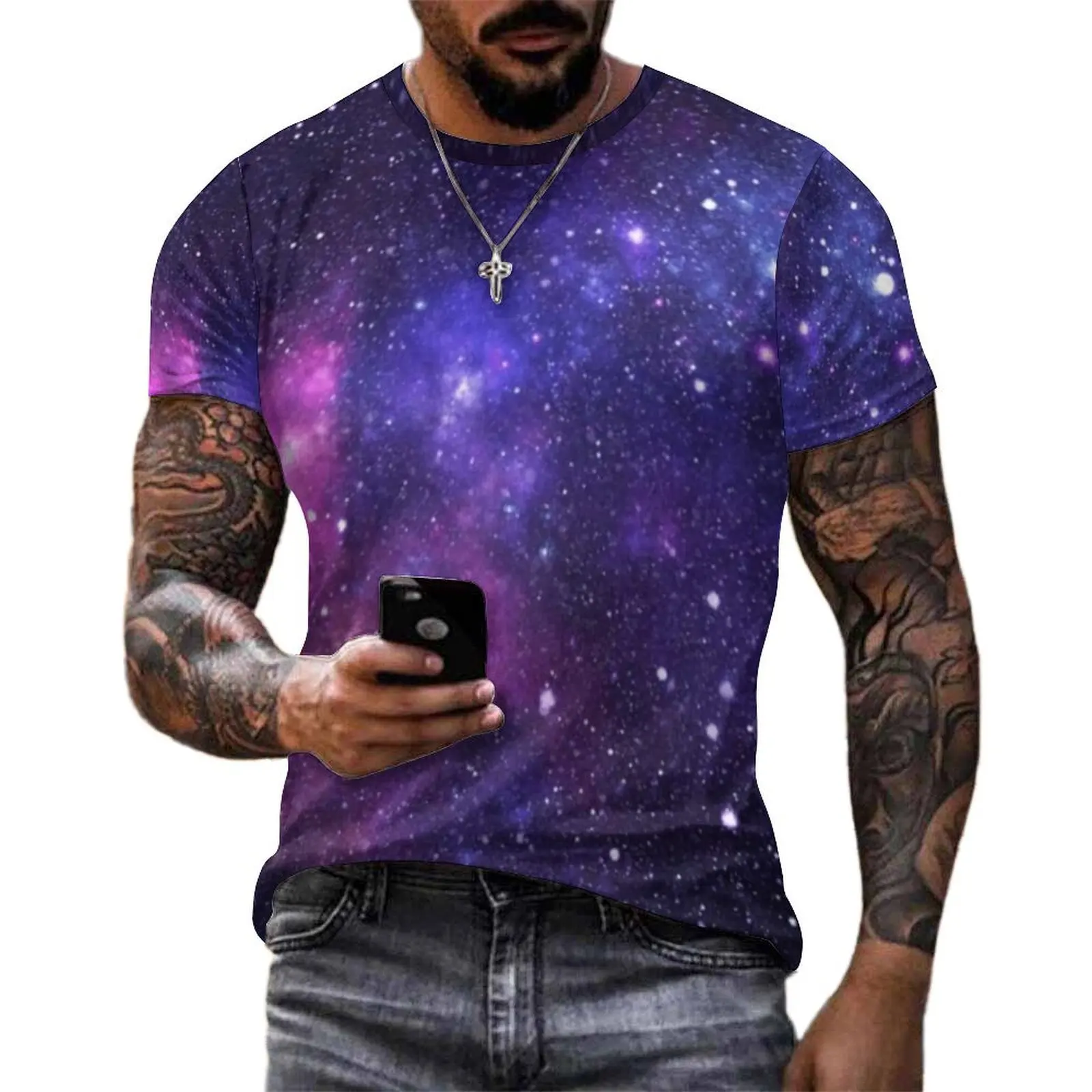 Original T Shirt Purple Galaxy T-Shirts Outer Space Nebula Stars Retro Tee Shirt For Male Short Sleeve Graphic Plus Size Tops