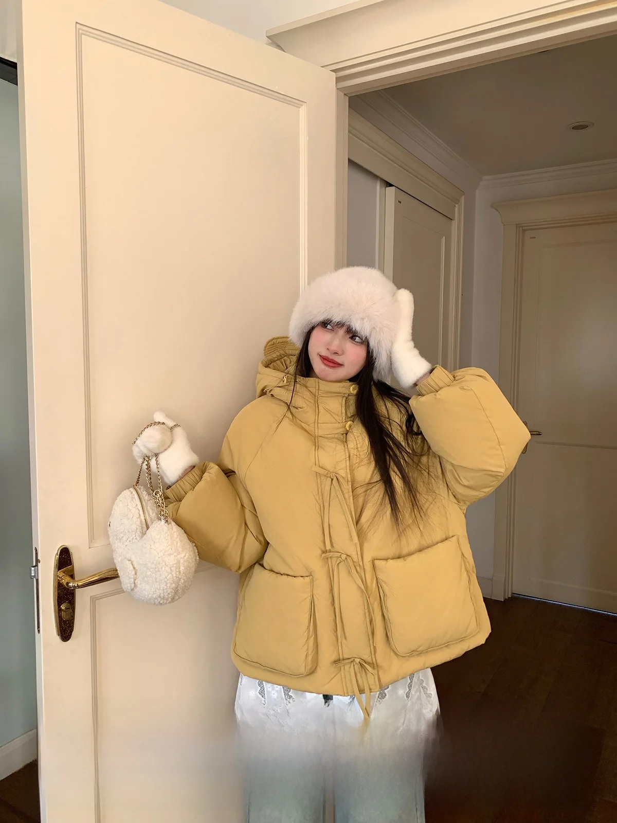 

Warmth Insulated Hooded down Jaet Women's ort Sle White Du Feather Padded Coat Casual Comfortable Fit Zipper Closure