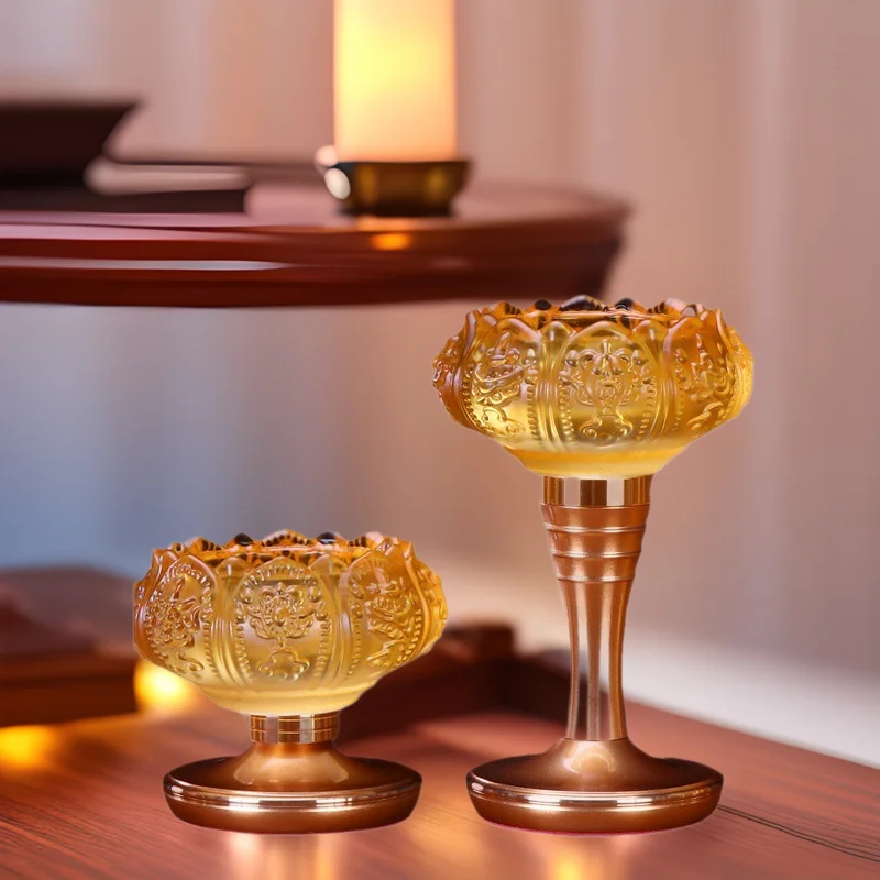 

Cz buddhist butter holder lotus glass candle holder for buddha long-lasting ornaments for home eight auspicious candle holders