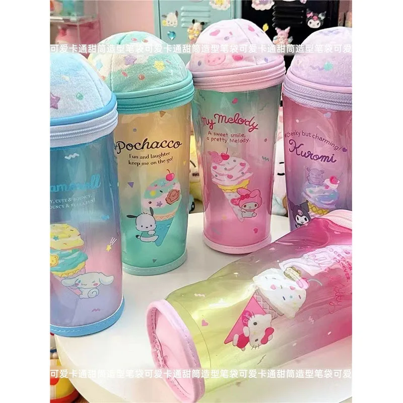 

New Hello Kitty Ice Cream Plush 3D Stationery Box Pen Bag Decoration Student Cinnamoroll Pen Holder Transparent Girl's Gift Toys