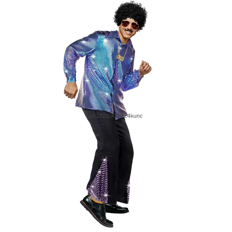 70s Vintage Disco Costume for Men Shiny Golden Shirt Flared Pants with Accessories Adult Halloween Party Performance Outfits view 6