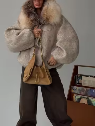 Winter Fashion Faux Fur Collar Woolen Coat Women Vintage Thick Hooded Long Sleeve Oversized Warm Jacket New Lady High Streetwear