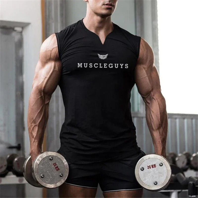 Muscleguys Brand Gym Clothing V Neck Compression Sleeveless Shirt Fitness Mens Tank Top Cotton Bodybuilding Tanktop Workout Vest