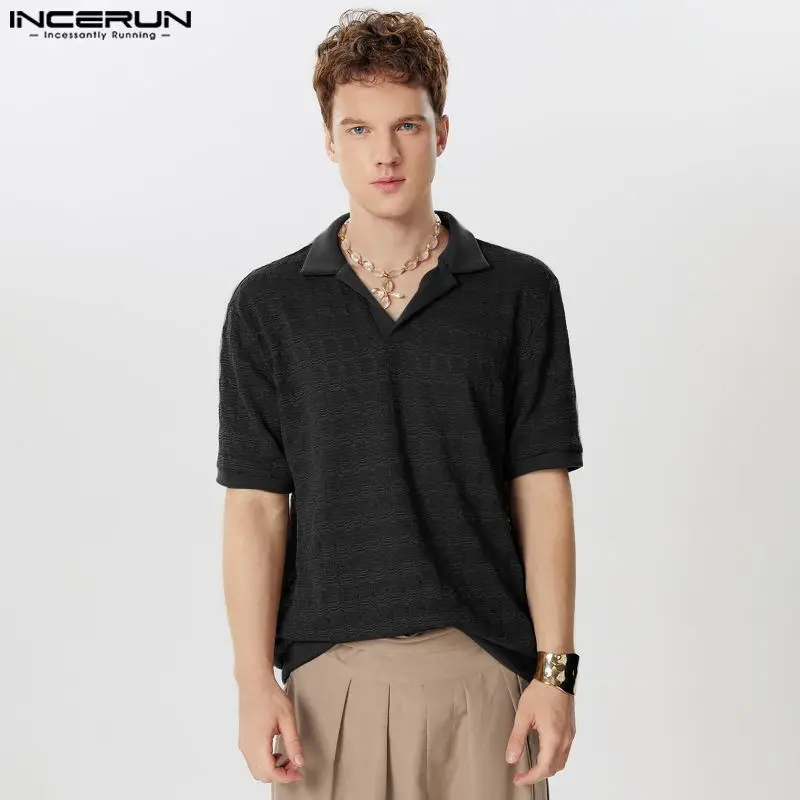 Fashion Casual Style Tops INCERUN 2024 Handsome Men V-neck Perspective Texture Shirts Sexy Male Short Sleeved Lapel Blouse S-5XL