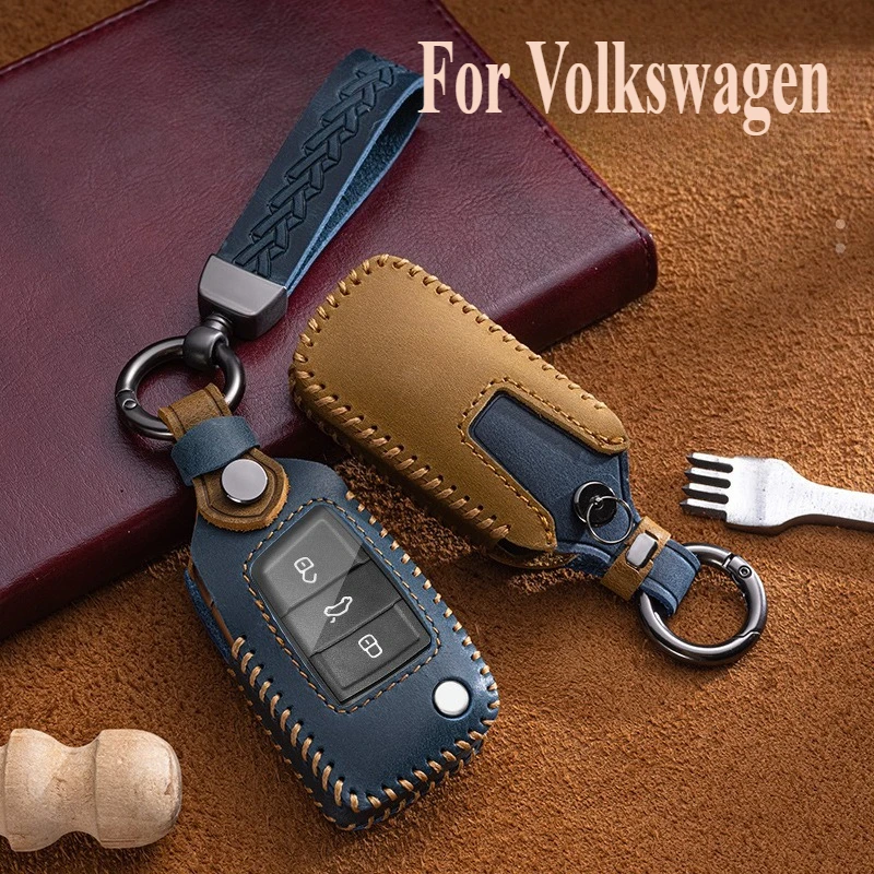 

Handmade Genuine Leather Car Fob Key Case Holder Cover For VW Volkswagen Bora Lavida Passat Sagitar Tiguan Jetta Polo Magotan