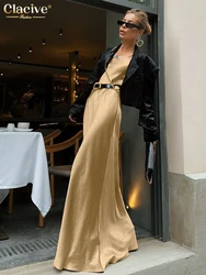 Clacive Sexy Loose Khaki Satin Women's Dress 2025 Elegant Strap Sleeveless Ankle Length Dresses Casual Classic Female Dress