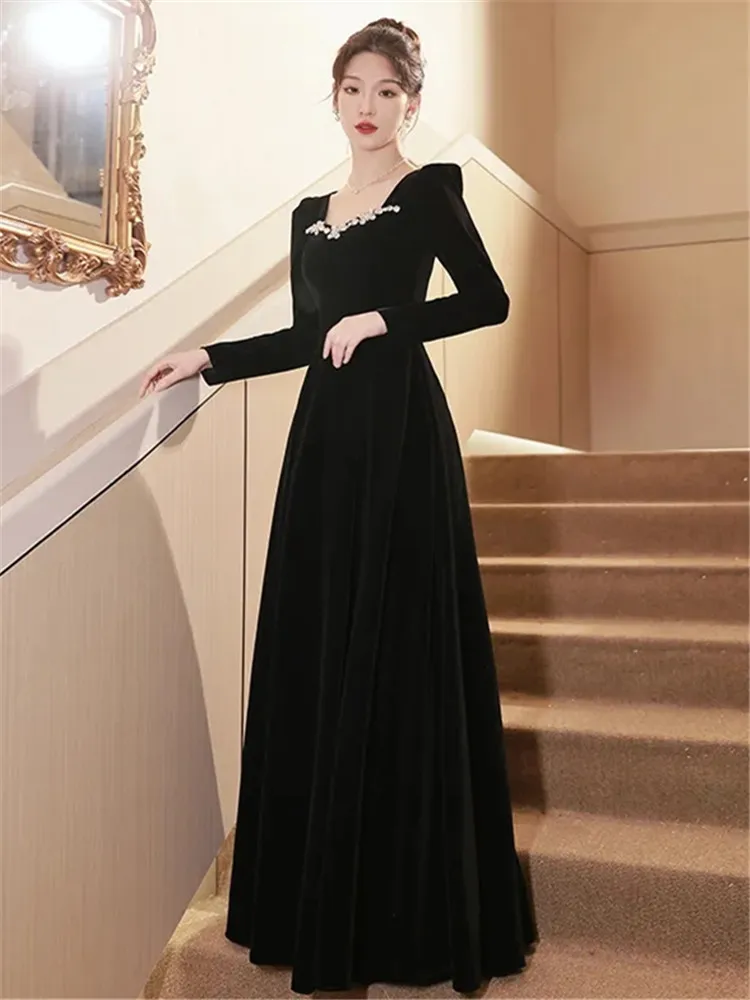 Dress Autumn Winter Temperament Solid Color Diamond Ornaments Square Collar Long Sleeve Slim A-line Skirt Women's Clothing M314