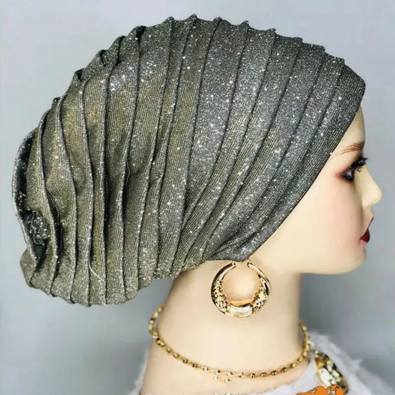 Glitter Pleated African Turban Cap Women's Head Wraps Nigeria Party Headpiece Female Wedding Auto Gele Headdress Beanie