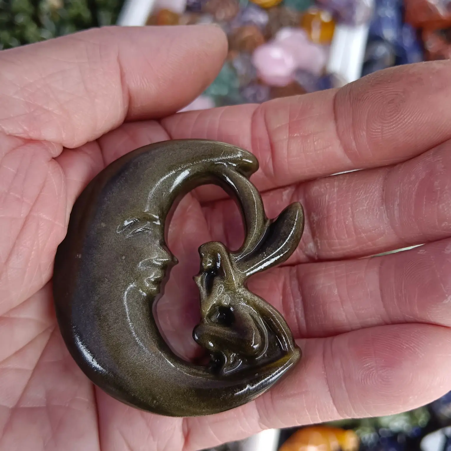 Crystal silver obsidian Moon Angel carving piece