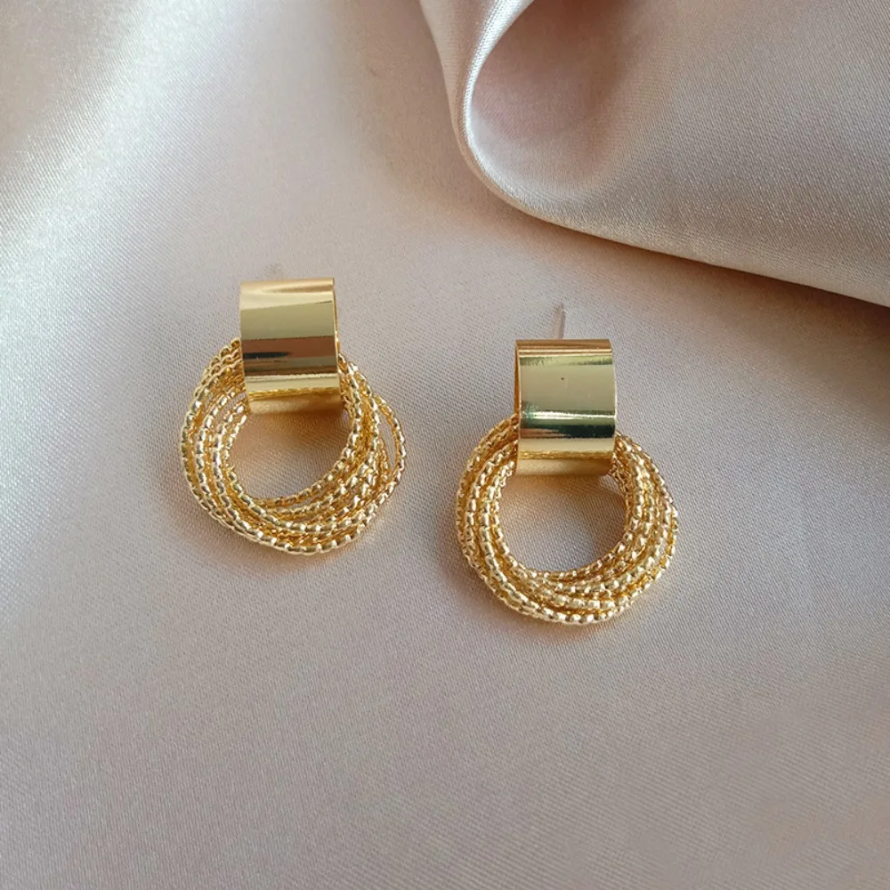 Woven Hoop Earrings for Women Gold Silver Tone Intertwined Ring Textured Multi-Layer Drop Earring Statement Alloy Jewelry Gift
