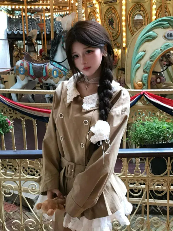 

Американское ретро-пальто приталенного силуэта с цветным поясом, корейский стиль, средней длины, двубортная ветровка