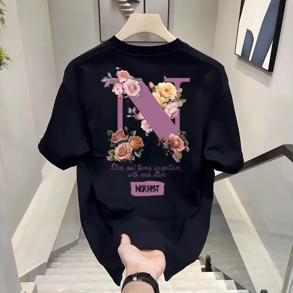 100% Cotton Men's Loose T-Shirt Breathable Casual Fashion French Bulldog Pattern Printed Short Sleeved Round Neck Top