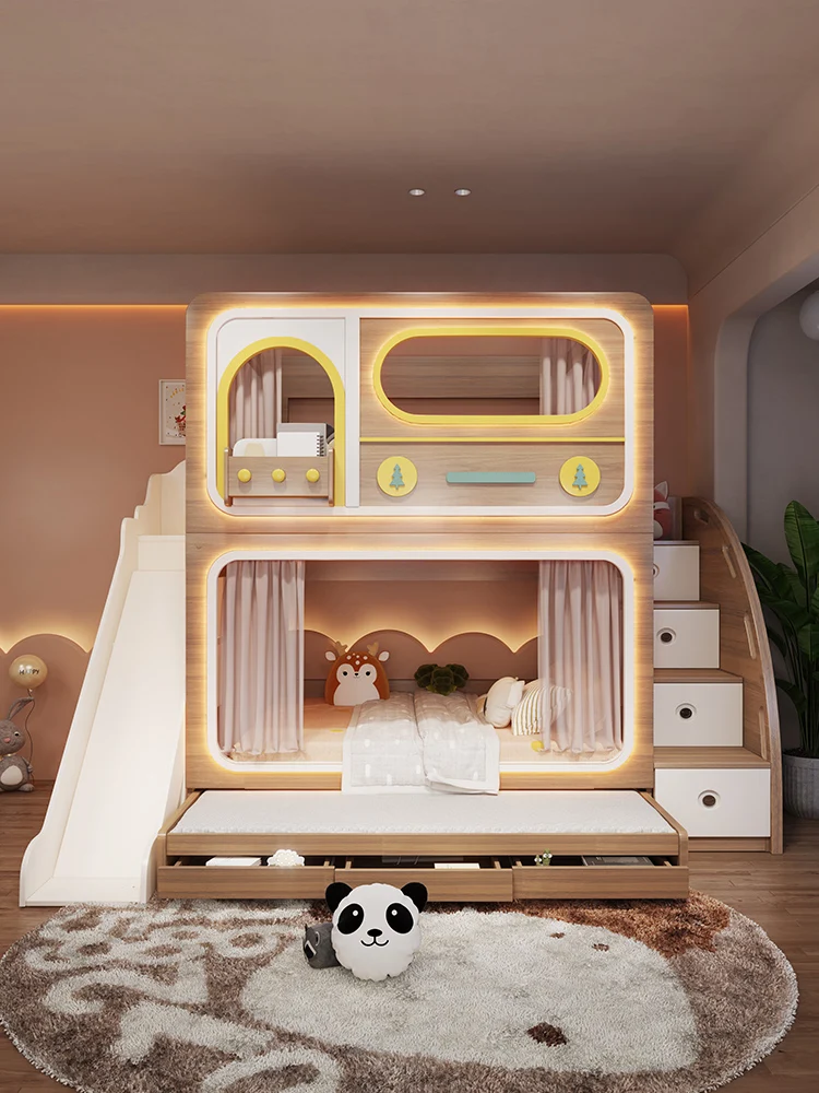Natural wood colored solid bench, princess tree house bunk bed modern, design high-low upper and lower same width bed