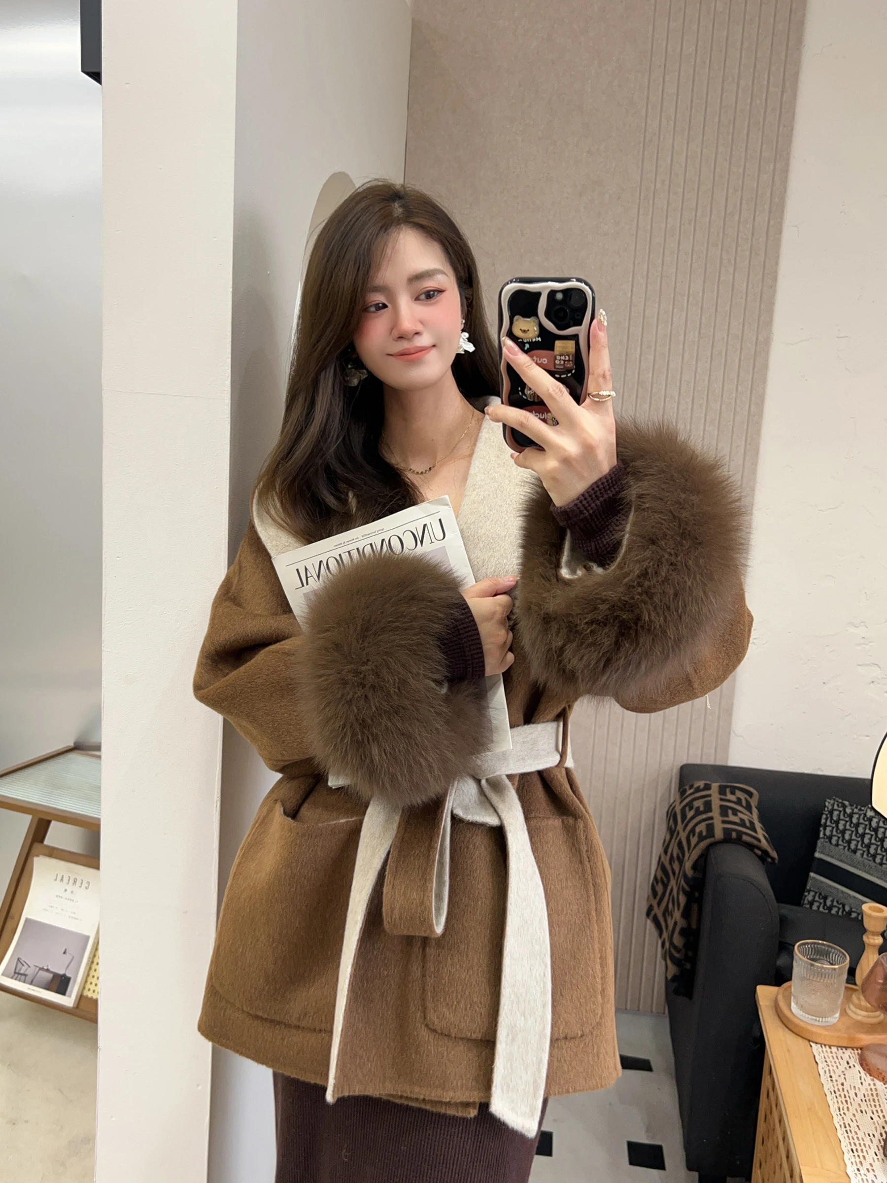 겨울 리얼 퍼 코트 여성 천연 여우털 커프스 후드 캐시미어 울 아우터 재킷 여성 양면 착용 가능