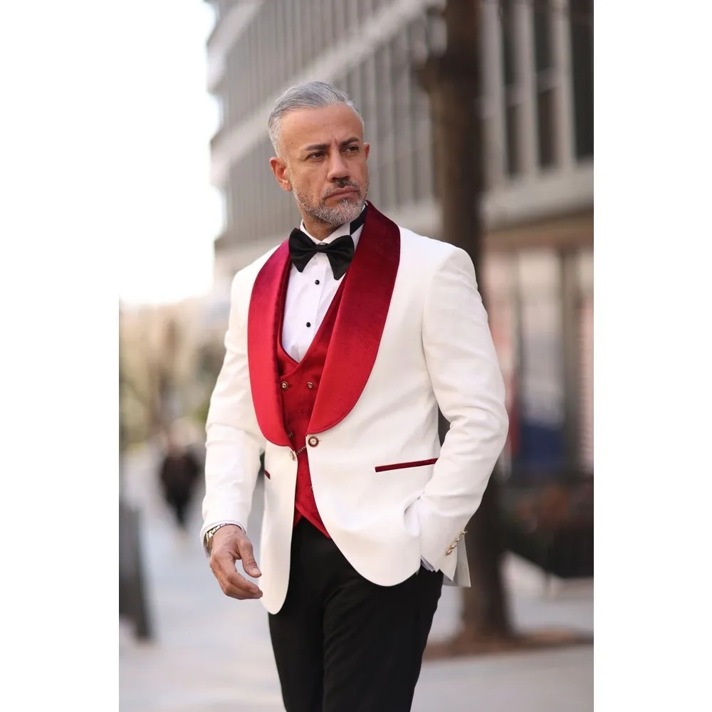 Red White Men Wedding Tuxedos Velvet Shawl Lapel Mens Tuxedos Outfits Business Formal Wear Jacket Pants Suits 3 Pieces