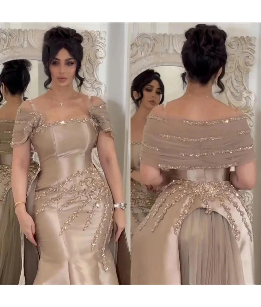 

Customized Luxury Mermaid Satin Crystal Off the Shoulder Evening Dress High Quality Strapless Floor Length Celebrity Gowns