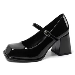 Mary Janes Vintage Black Sandals Woman Buckle Non-Slip Casual Medium Heels Office Ladies Solid Elegant Heels Korean 2024 Summer