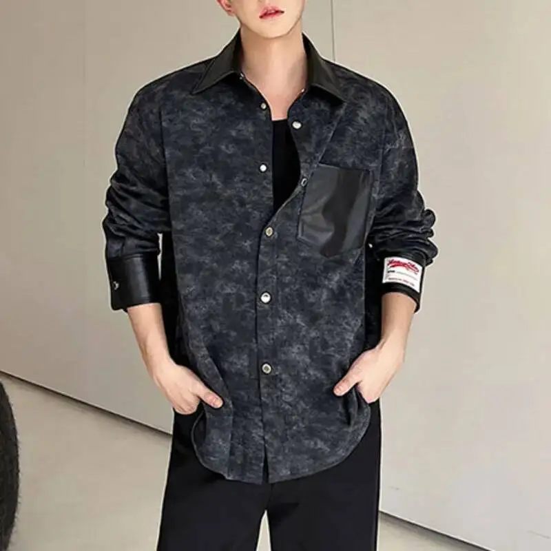 

Vintage Men Shirt Tie Dye Knitted Leather Lapel Long Sleeve Button Streetwear Camisa American Stylish Masculina Casual Shirts