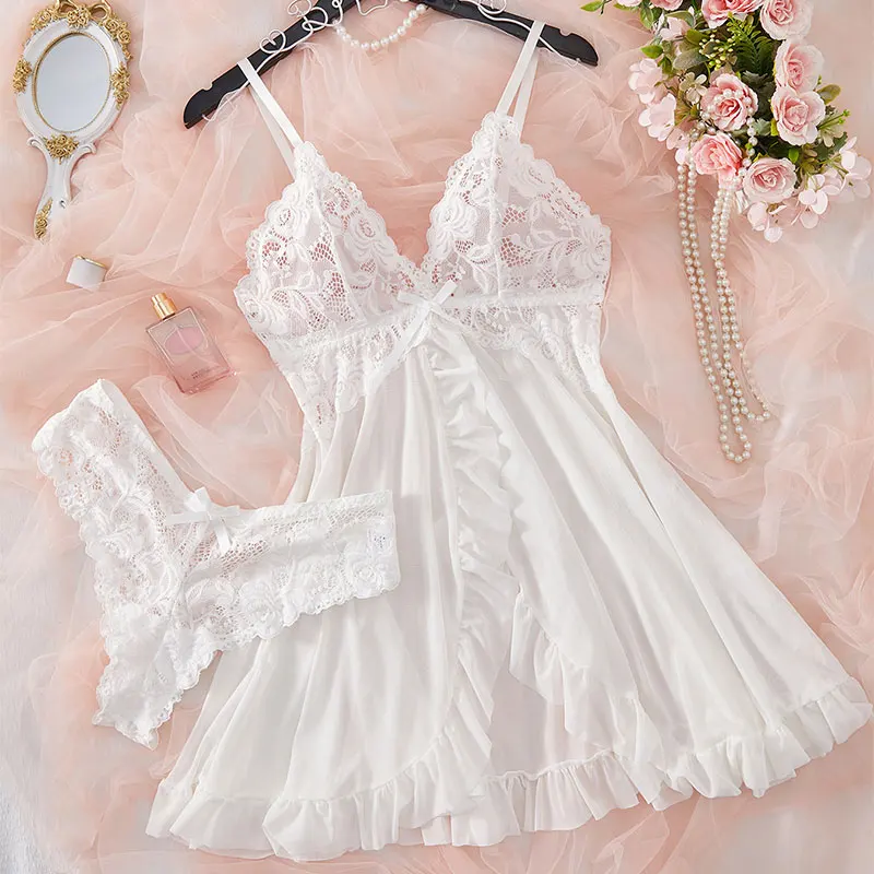 

Transparent Red Nightgown Woman Underwear Thong Sets Suspender Lace Lingerie Sexy Accessories Erotic Bra Nightdress