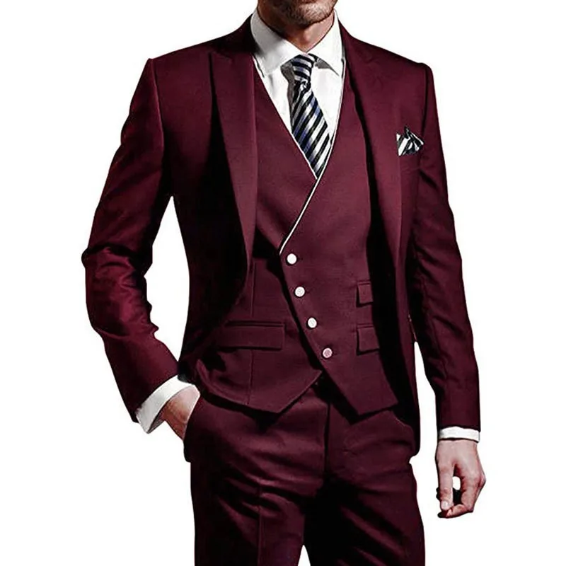 

Suits For Men Costume Homme Jacket Vest Pants Three Piece Burgundy Black Single Breasted Peaked Laple Tuxudo Outfits Casual 2025