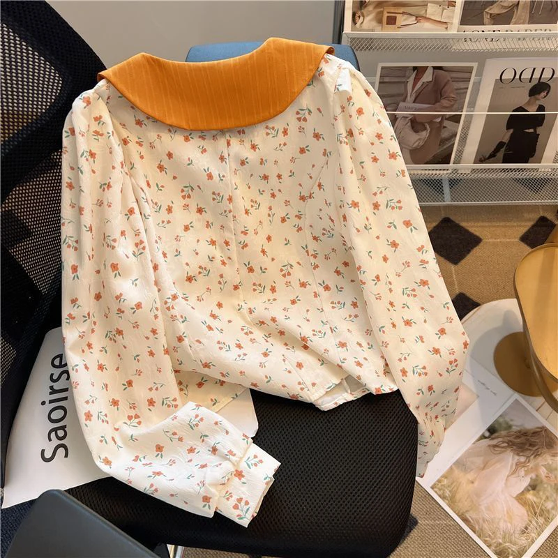 Floral Sweet Chiffon Shirt Women Fall Loose Casual Puff Long Sleeve Fashion Blouse French Kawaii Peter Pan Collar Chic New Tops