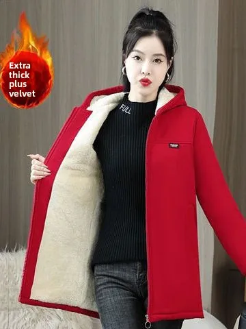 

Women's Winter Thiened Fce Lined Hooded Cotton Jaet Coat Medium Length Parka Sle Inner Sve Zipper Closure Pure Color