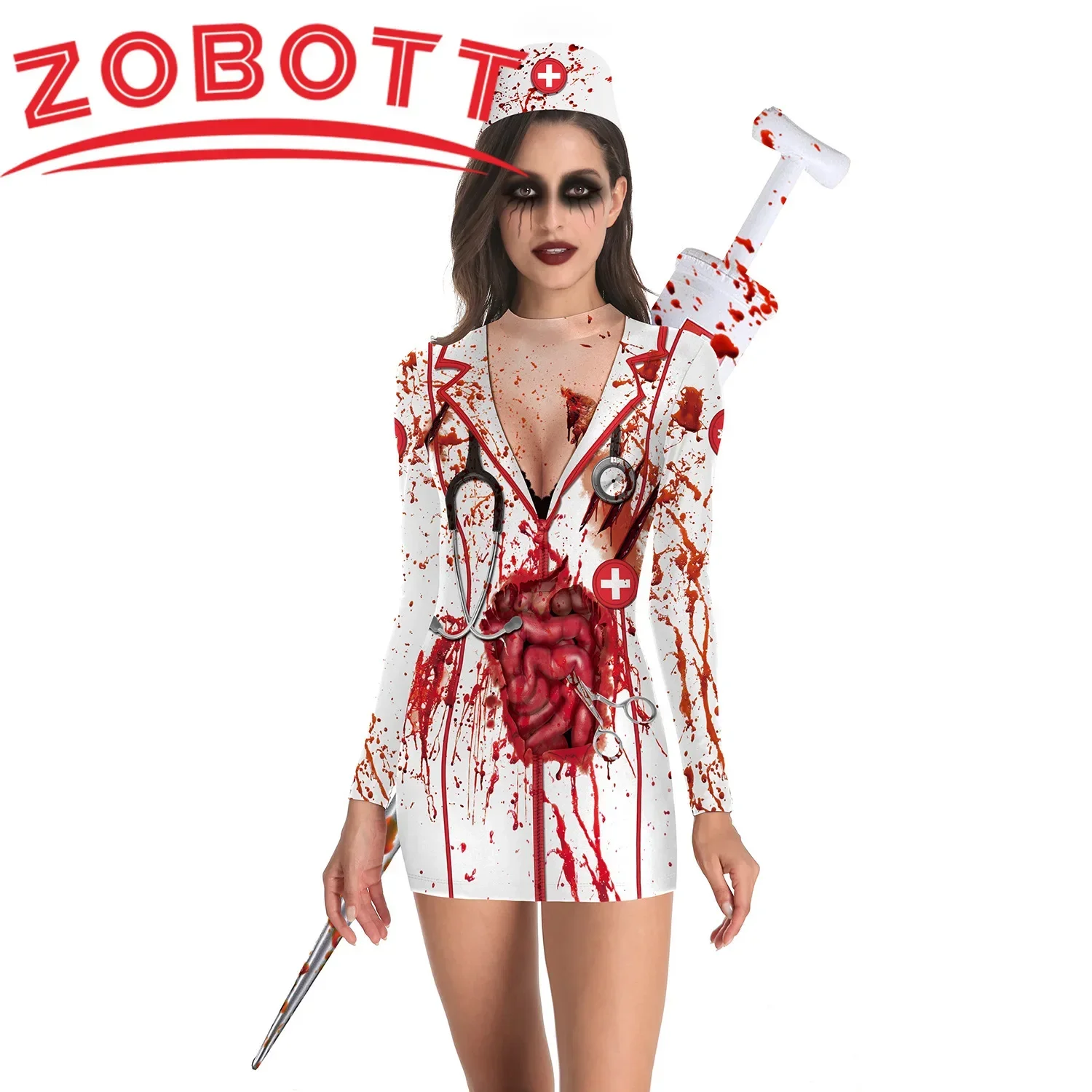 

Halloween Horror Blood Nurse Uniform Cosplay Costumes Women 3D Printed Skeleton Uniform Carnival Sexy Cosplay Outfit Dresses