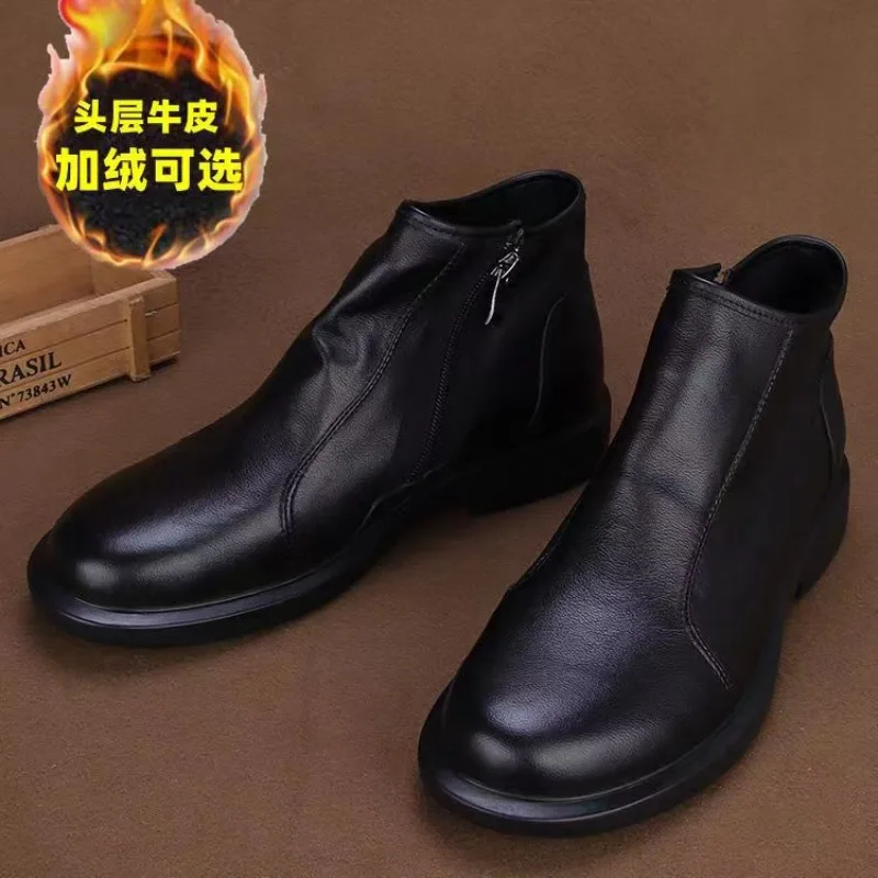 ZXRYXGS Genuine Leather Side Zipper Men Boots Short Single Casual Shoes Black 2025 Soft Cowhide with Velvet Winter Cotton Shoes