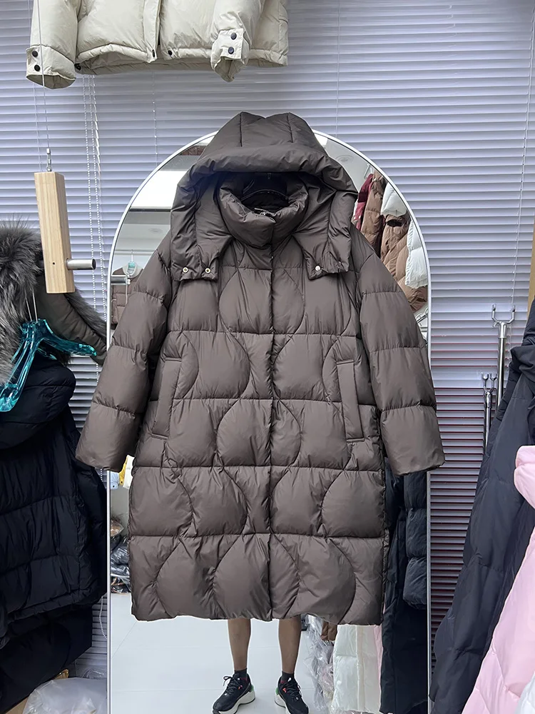 Winter New Medium to Long Style Down Jacket Women's Fashion Thick Hooded Loose Casual Solid Color White Duck Down Coat