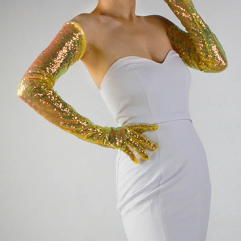 70 cm lange Pailletten-Handschuhe für Damen, Tüll-Spitzen-Mesh, halbtransparent, weiß, technisches Silber, grün, elegante Armstulpen, sexy, leicht – Detail 34