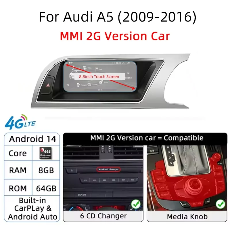 For Audi A4 B8 A5 2008-2016 RHD MMI 2G 3G Android 14 Carplay Auto