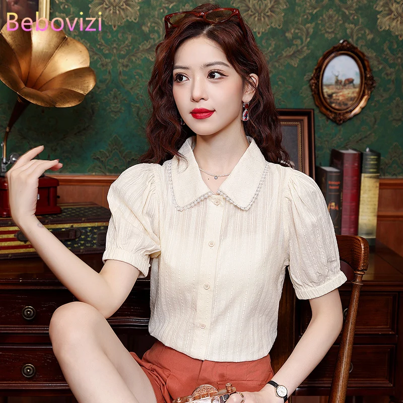 

Summer 2024 New Peter Pan Collar Puff Sleeve Short Sleeve Shirt Sweet Vintage Blouse Tops for Women Clothes