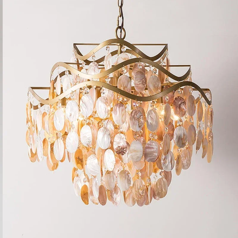 

2025 New Designer Shell Crystal Pendant Lamp Dimmable Brass Chandelier Ceiling Light for Living Room Staircase Luster Interior