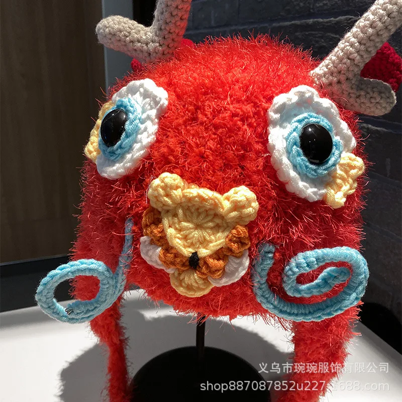 Chinese Zodiac Draak Schattige Wollen Hoed Winter Oorbescherming Cartoon Nieuwjaar Dragon Head Gebreide Muts