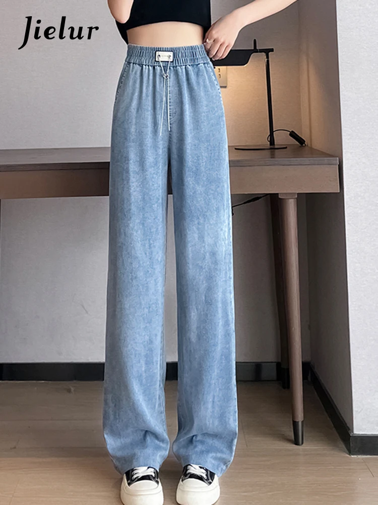 

Jielur Summer High Waist Light Blue Slim Women Jeans Straight Solid Color Lace-up New Female Wide Leg Pants Korean Style Pants