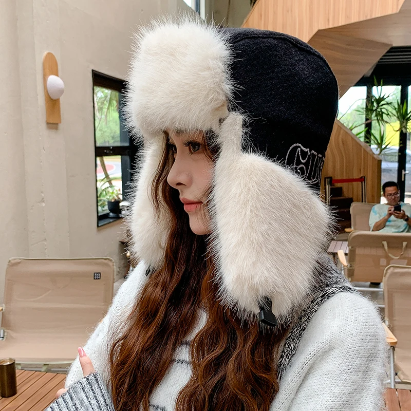 Women\'s Fur Bomber Hats Winter Thick Warm Outdoor Keep Ear Warm Earflap Female Solid Bombers Cap