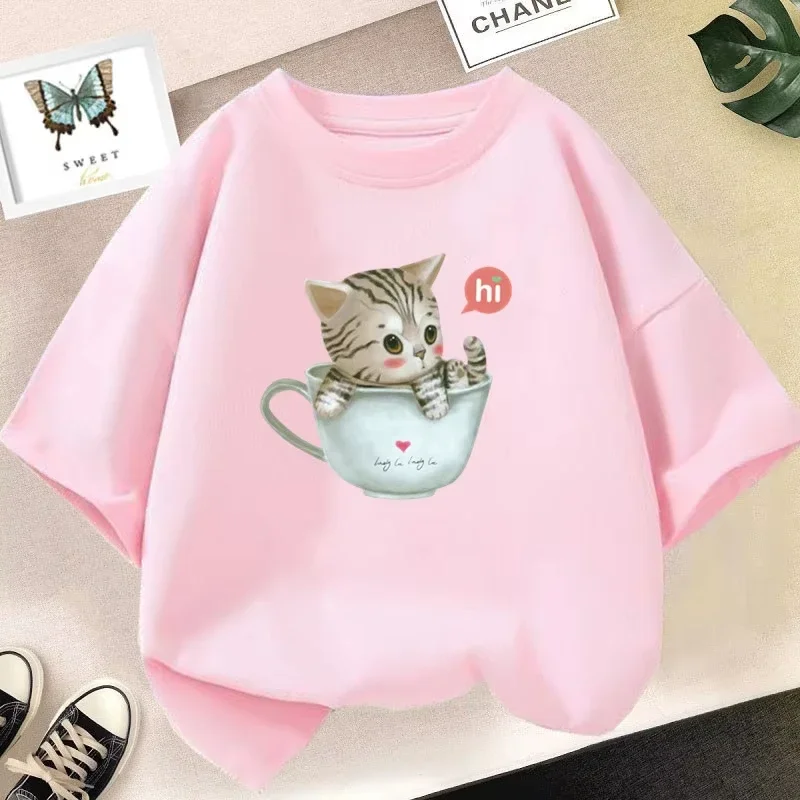 Children Lovely Teacup Cat Graphic Tee Cute Cartoon Kitten Pattern Short Sleeve T Shirt For Boys And Girls Casual Wear
