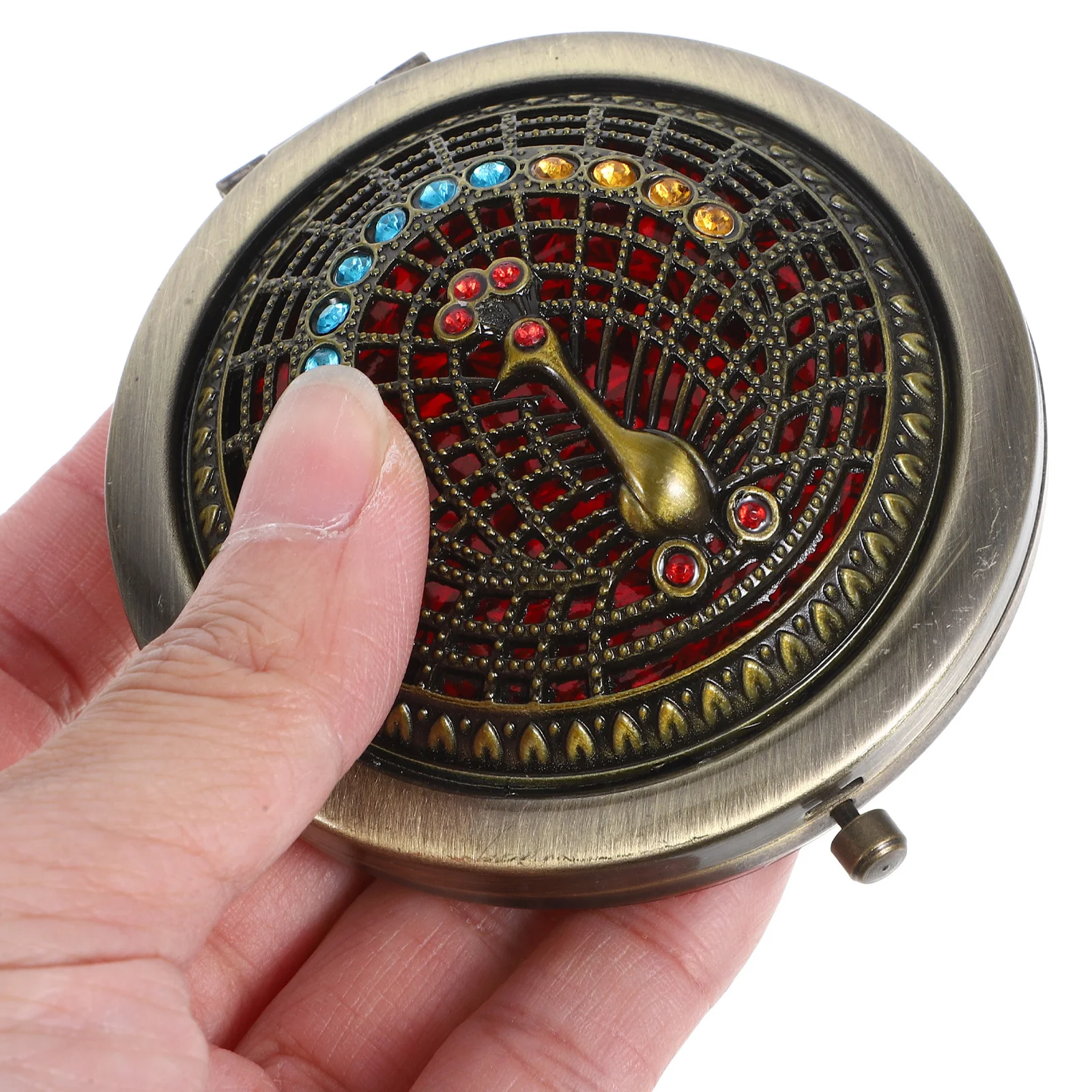 Retro Zinc Alloy Rhinestone Makeup Mirror Compact Portable Hand Mirror High Definition Travel Accessory for Women Girls