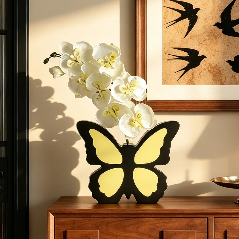 Butterfly Shaped Ceramic Vase with Artificial Orchid Flowers, Modern Black Yellow Decorative Vase for Home Living Room Office Table