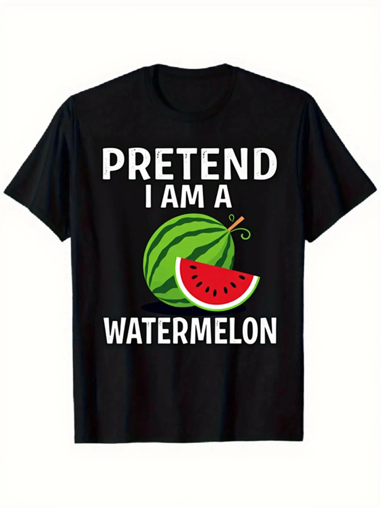 

Pretend I Am A Watermelon Graphic Print T-Shirt Black Casual Summer Short Sleeve Tee for Adults Men Crew Neck Comfortable