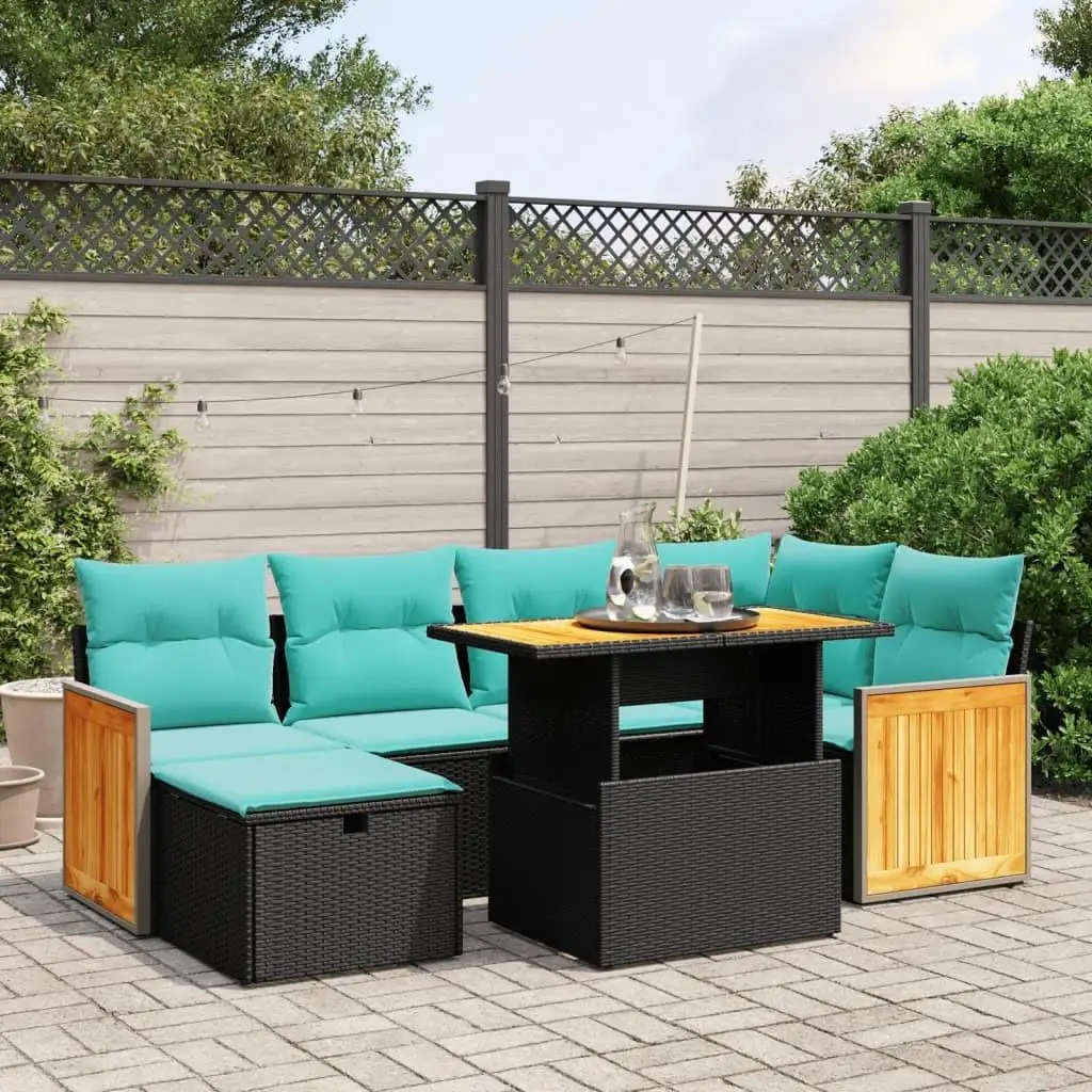 

Comfortable 7 Piece Black Poly Rattan Patio Sofa Set with Soft Cushions for Outdoor Garden Furniture