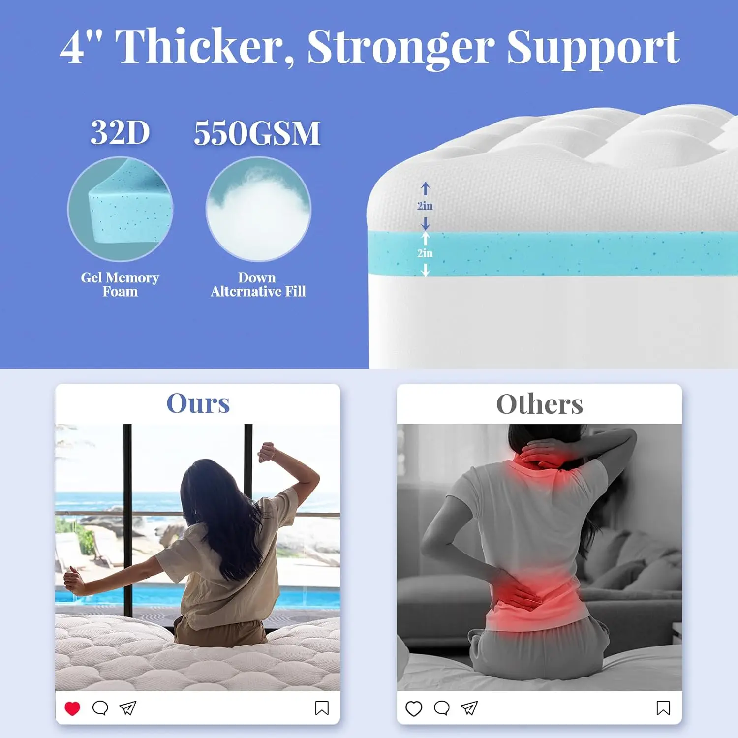 Topper de colchão king de camada dupla de 4 polegadas, espuma de memória de gel de 2 polegadas, almofada superior de travesseiro alternativo de 2 polegadas, capa de colchão para cama