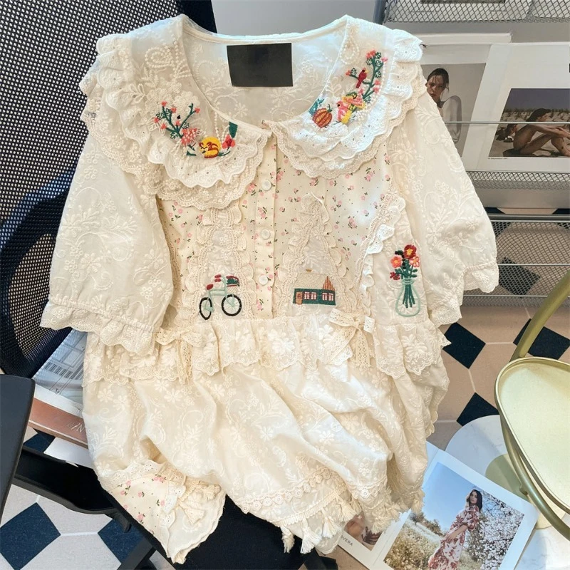 

French Sweet Blouses Peter Pan Collar Embroidery Lace Patchwork Tassel Shirts Summer All Match Design Tops Loose Women Clothing