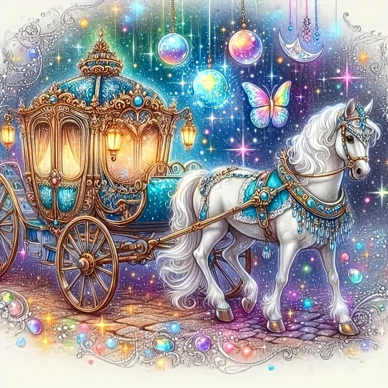 Diamond Painting Fantasy White Horse Pulling Enchanted Carriage with Sparkling Stars Mosaic Handicraft Ideal Gift Holiday Decor