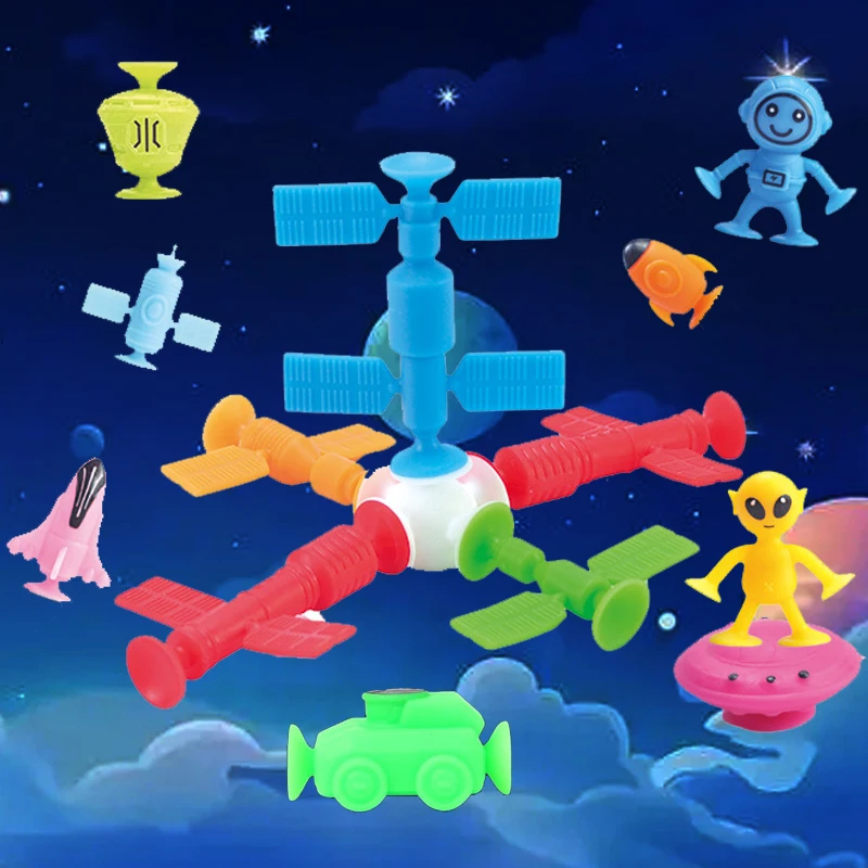 Juguetes de baño de succión para niños, juego de juguetes de ventosa para el espacio exterior de 13 piezas, juguetes de construcción de ventanas sensoriales para niños pequeños, niños y niñas