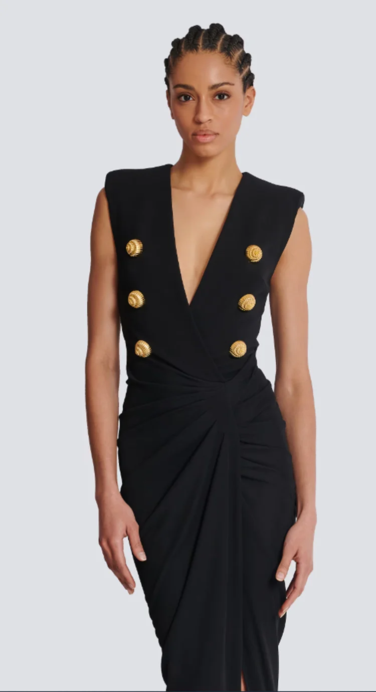 فستان نسائي أسود بدون أكمام وياقة على شكل V عميقة بتصميم أزرار فستان طويل قابل للطي فساتين ضيقة مثيرة وأنيقة للحفلات المسائية