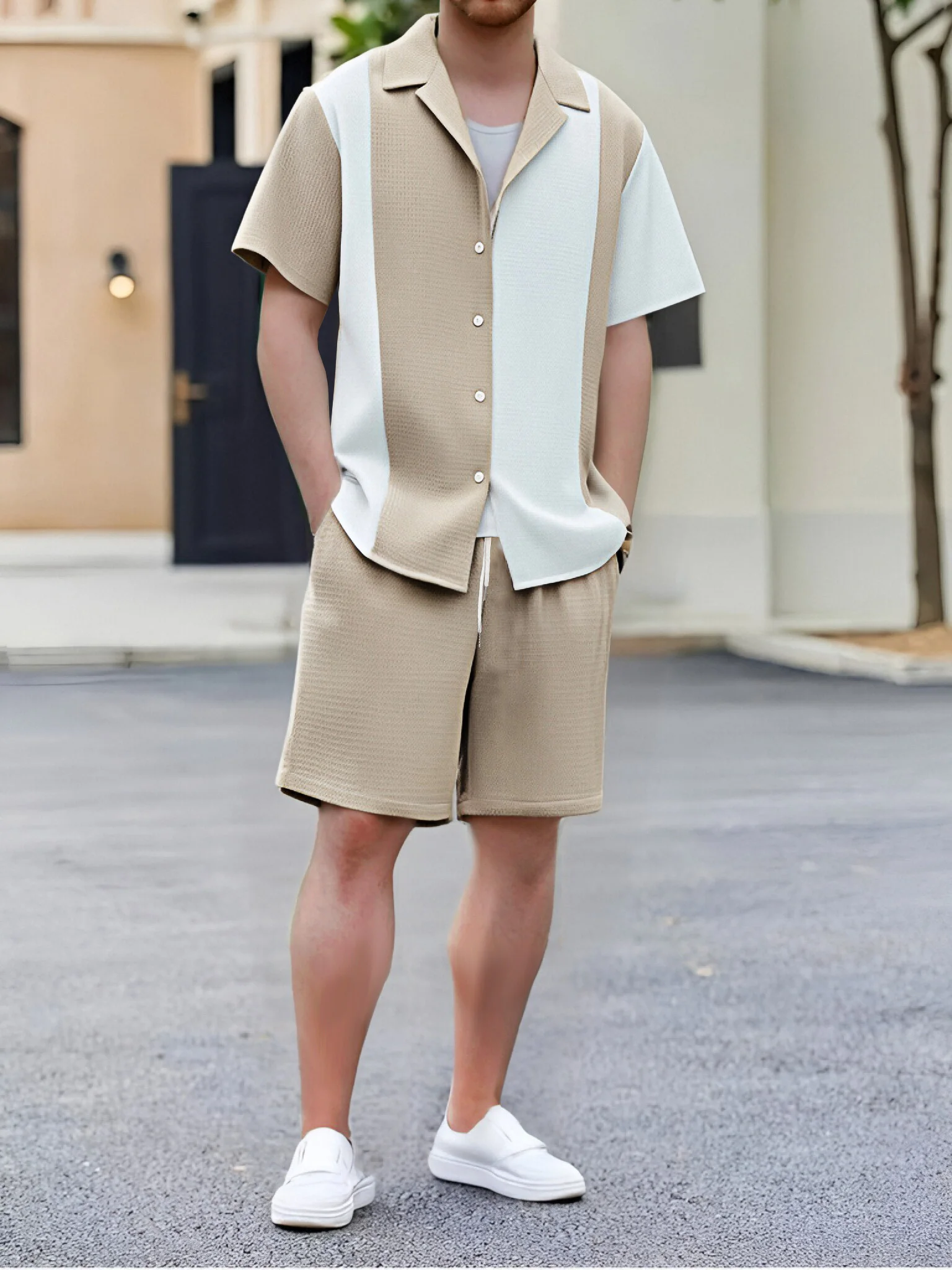 

Men's Sophisticated Textured Casual Set Summer Color Block Cuban Collar Shirt & Elastic Waist Shorts 2 Piece