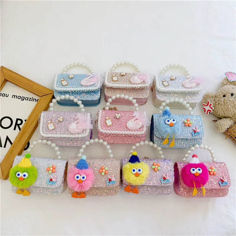 Lace Sequin Baby Girls Small Square Shoulder Bag Cute Cartoon Children\'s Messenger Bags Lovely Pearl Handle Coin Purse Handbags