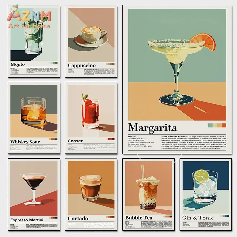 AZNM Retro Cocktail Coffee Beverage Canvas Wall Art Mojito Margarita Bubble Tea Latte Geometric Color Block Print Vintage Bar Ki