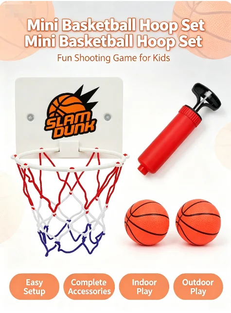 No Drill Wall Mount Mini Basketball Hoop Set, Indoor & Outdoor Kids Shooting Toy, Comes with 2 Mini Basketballs & Air Pump, Pare